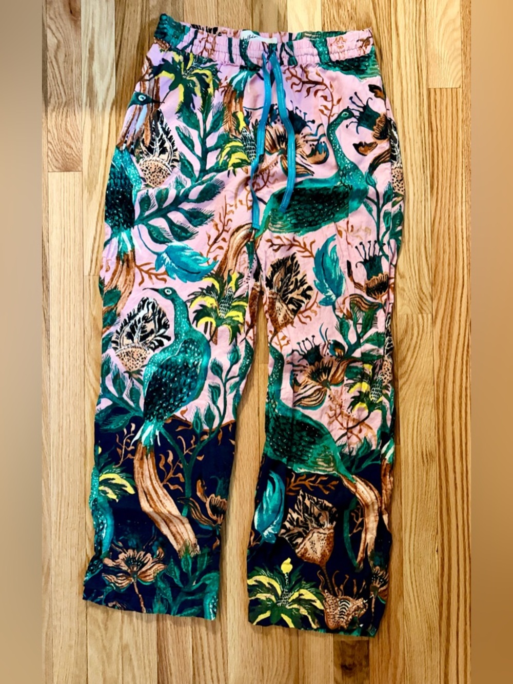 Anthropologie Pink Teal Botanical Bird Pajama Pants